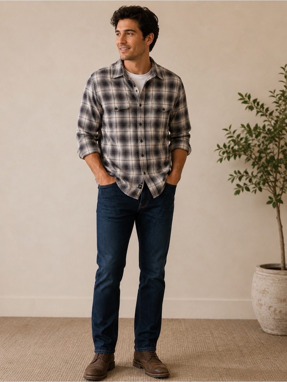 7 For All Mankind Men's Black and White Plaid Shirt